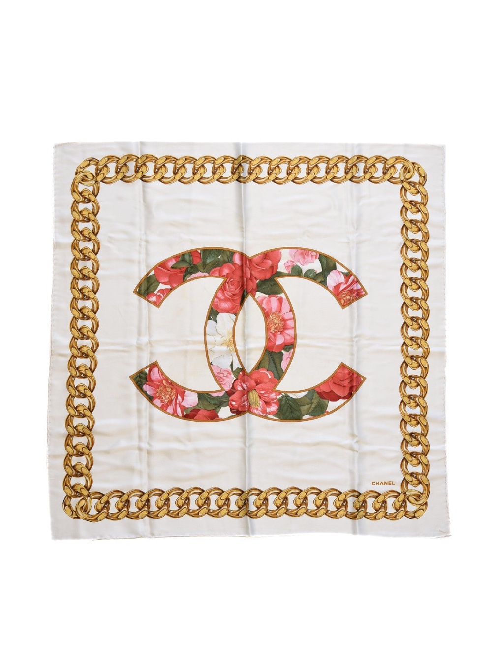 CHANEL Floral CC Silk Scarf - White, Gold & Pink